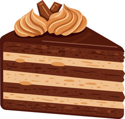 Delicious slice of layered chocolate cake with creamy frosting and chocolate pieces on top isolated on white background