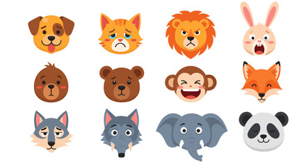 Illustration showing a variety of cartoon animal faces with different expressions and characteristics