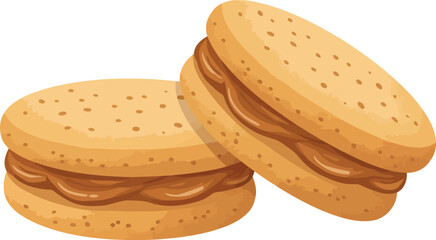 Two delicious golden brown sandwich cookies filled with creamy caramel or peanut butter on a white background