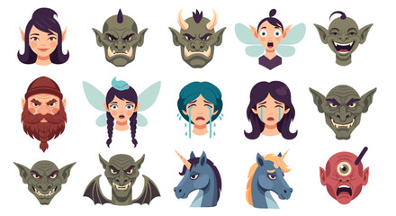 Obraz premium Illustration of diverse fantasy creatures including elves trolls fairies gnomes unicorns and cyclops heads