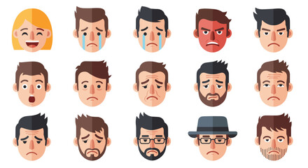 Collection of fifteen cartoon faces showing a variety of different emotions and expressions on white backdrop