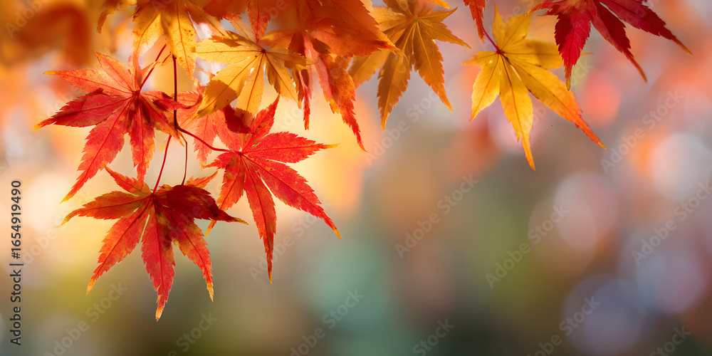 Aufkleber web banner design for autumn season and end year activity with red and yellow maple leaves with soft