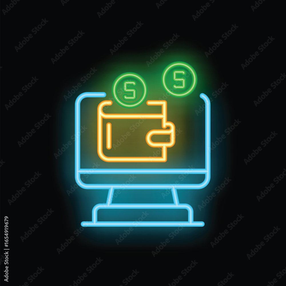 Poster neon sign representing online payment processing with wallet and coins on computer screen over black