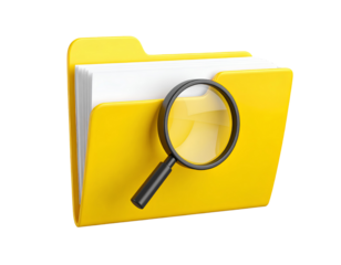 Yellow file folder with magnifying glass on top, document search icon concept, isolated on transparent background.