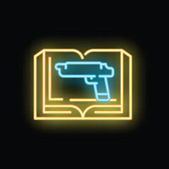 Neon icon of open book with gun appearing from page, concept of dangerous knowledge