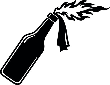 Black silhouette of a molotov cocktail with a burning wick and cloth against a white background symbolizing protest and rebellion