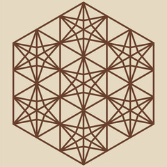 Geometric Rindo Kumiko pattern. This intricate line art design features a grid of stars and triangles within a hexagonal frame, creating a sense of harmony and balance