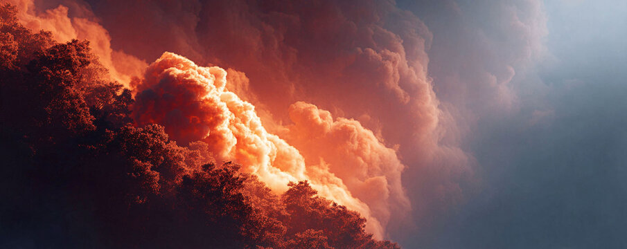 Dramatic sky with fiery clouds ablaze with orange and red hues contrasting with darker tones. Symbolizes power, change, or threat. Ideal for book covers or ads. - Powered by Adobe