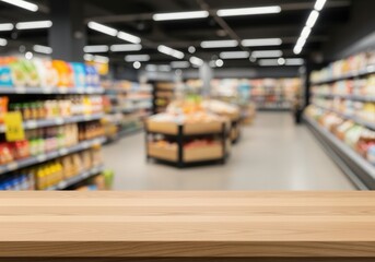 Fototapeta premium Empty light oak table in blurred grocery aisle during sunny afternoon