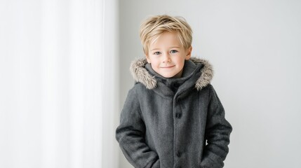 Boy in Grey Wool Winter Coat with Faux Fur Collar