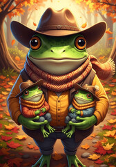 A large, anthropomorphic green frog, wearing a wide-brimmed cowboy hat and a patterned, autumnal scarf