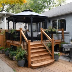 Wooden deck with gazebo, patio furniture