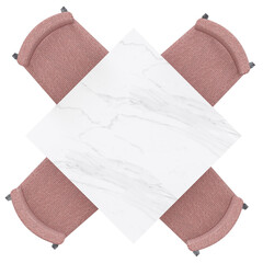 Top View of Modern Dining Table with Marble Surface and Pink Chairs