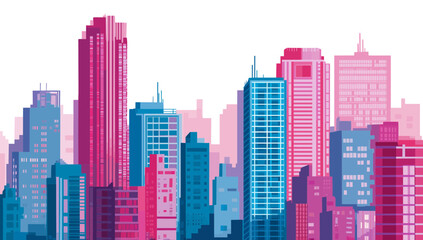 
Simple vector illustration of a city skyline, with buildings in pink and blue colors against a white background.