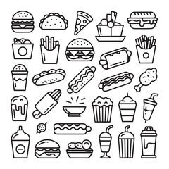 A clean outline vector set of fast food icons including burgers, tacos, pizza, fries, hot dogs, sandwiches, chicken wings, nuggets, popcorn, ice cream, milkshakes, sauces, and soft drinks. Perfect for