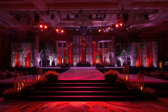 Lavish Wedding Stage Setup with Red Lighting and Elegant Decorations in Grand Ballroom Interior - Powered by Adobe