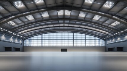 Obraz premium Spacious Modern Warehouse Interior with Large Windows and Lighting