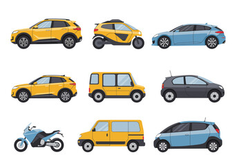 Collection of Diverse Vehicles: Cars Vans and Motorcycles.