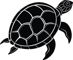 Black and white vector illustration of a sea turtle swimming gracefully underwater on white background