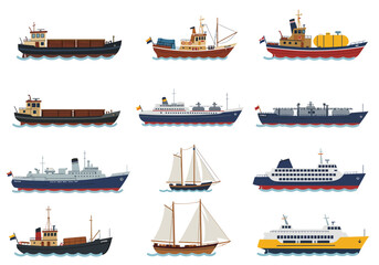 Collection of Diverse Vessel Types: Cargo Ships Tankers Ferries and Sailing Vessels.