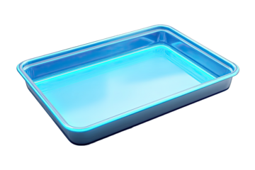 Rectangular, glossy, translucent blue plastic container