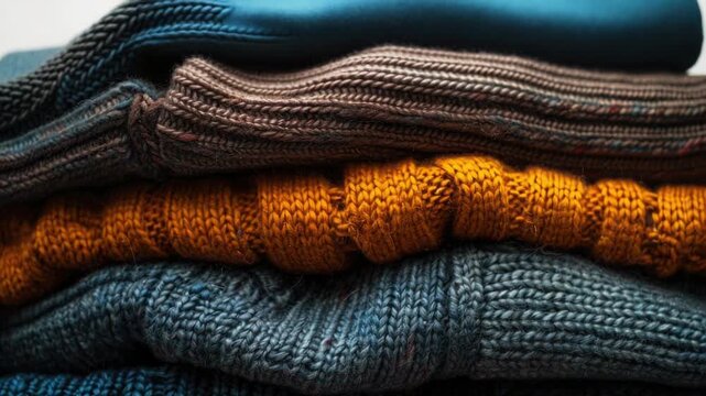A pile of sweaters stacked on top of each other, great for fashion or storage concepts