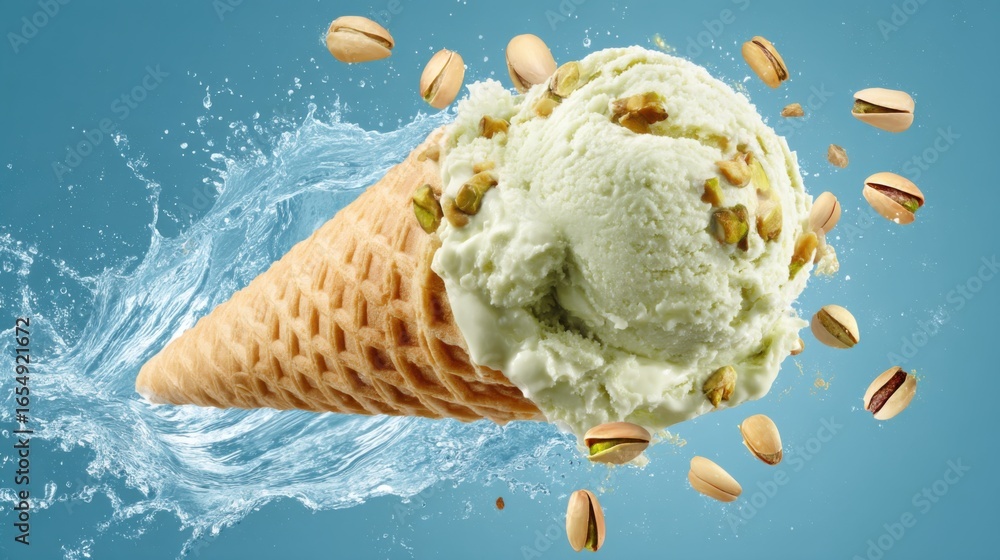 Poster pistachio ice cream cone with splashing water and floating nuts on blue background studio shot close
