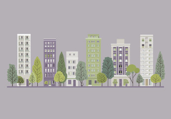 
vector flat illustration of simple city buildings with trees, gray background, green and purple colors, white outline, simple design, simple lines, simple color palette.