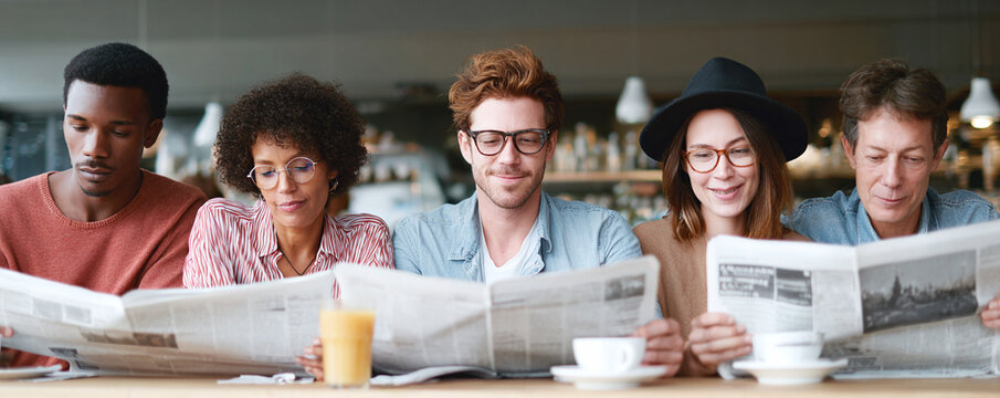 Diverse group reading newspapers together at a cafe. Represents community, staying informed, and sharing ideas. Suitable for news, finance, or social commentary. - Powered by Adobe