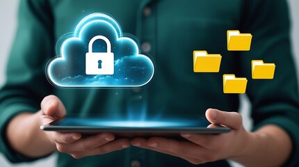 Woman using tablet with cloud security icon and digital file folders representing cloud data storage and protection technology