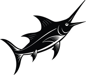 Black and White Marlin Illustration Ocean Fish with Long Bill and Fins on white background
