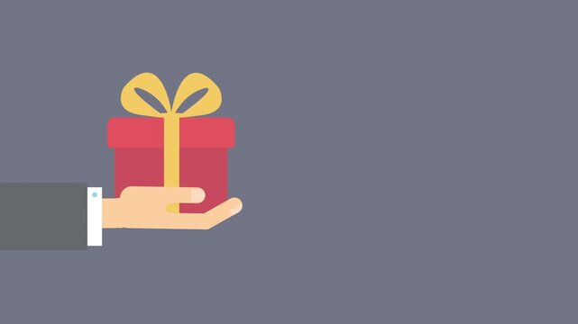 Hand offering a red gift box with yellow ribbon giving
