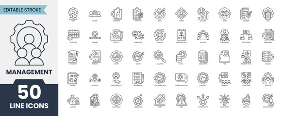 Management icon set. Containing teamwork, strategy, development, leader, planning, training, organization and more. Editable stroke. Vector illustration