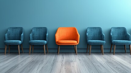 Row of chairs with one orange chair in the middle. The chairs are all blue. The orange chair is the only one that stands out