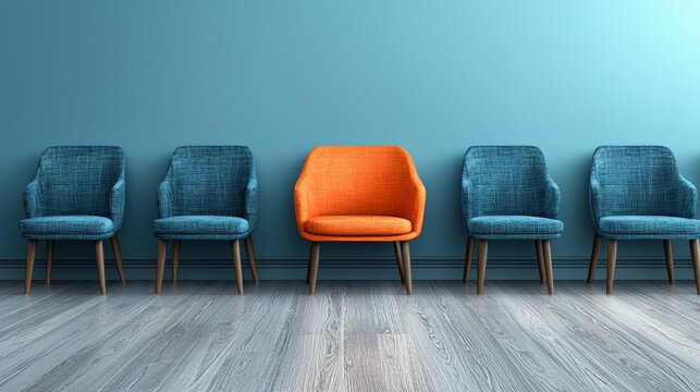 Row of chairs with one orange chair in the middle. The chairs are all blue. The orange chair is the only one that stands out