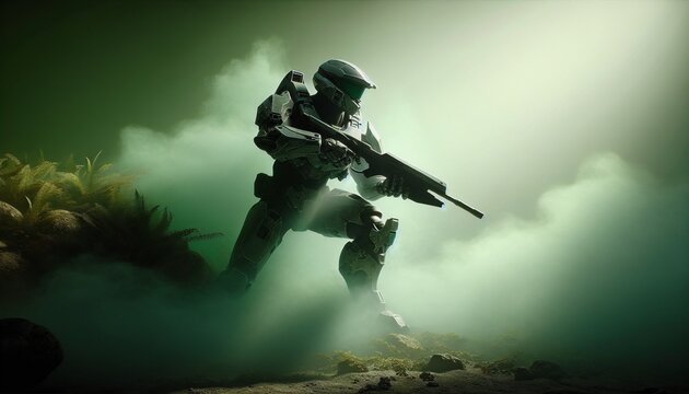 First-person shooter game character with smoky background	