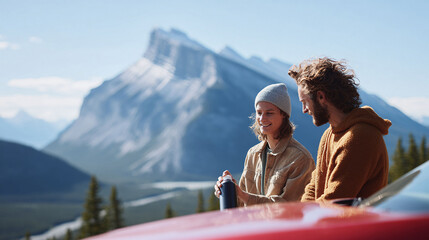Young couple on a scenic road trip, enjoying the mountain view. Freedom, adventure, and connection. Perfect for travel, lifestyle, or outdoor concepts.