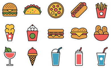 A clean outline vector set of fast food icons including burgers, tacos, pizza, fries, hot dogs, sandwiches, chicken wings, nuggets, popcorn, ice cream, milkshakes, sauces, and soft drinks. Perfect for