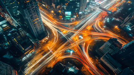 Aerial view of busy city intersection at night, illuminated by vibrant traffic lights and dynamic car trails, creating energetic urban scene