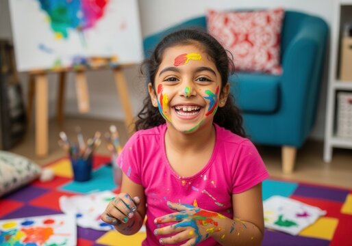 joyful 6-year-old middle eastern girl with colorful paint on face and arms wearing pink shirt in cozy home art corner with colorful rug and art supplies