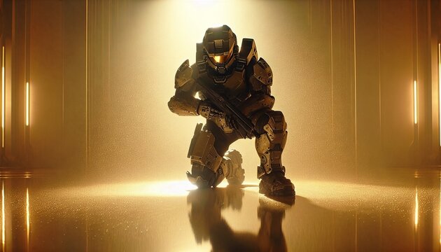 First-person shooter game character with gold lighting background	