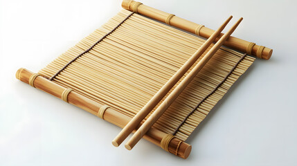 Bamboo sushi rolling mat, chopsticks, traditional Japanese kitchenware, isolated on white background, clean, minimal style