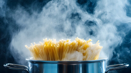 Boiling spaghetti in hot water pot with steam, cooking pasta, kitchen, stainless steel, Italian food, delicious meal