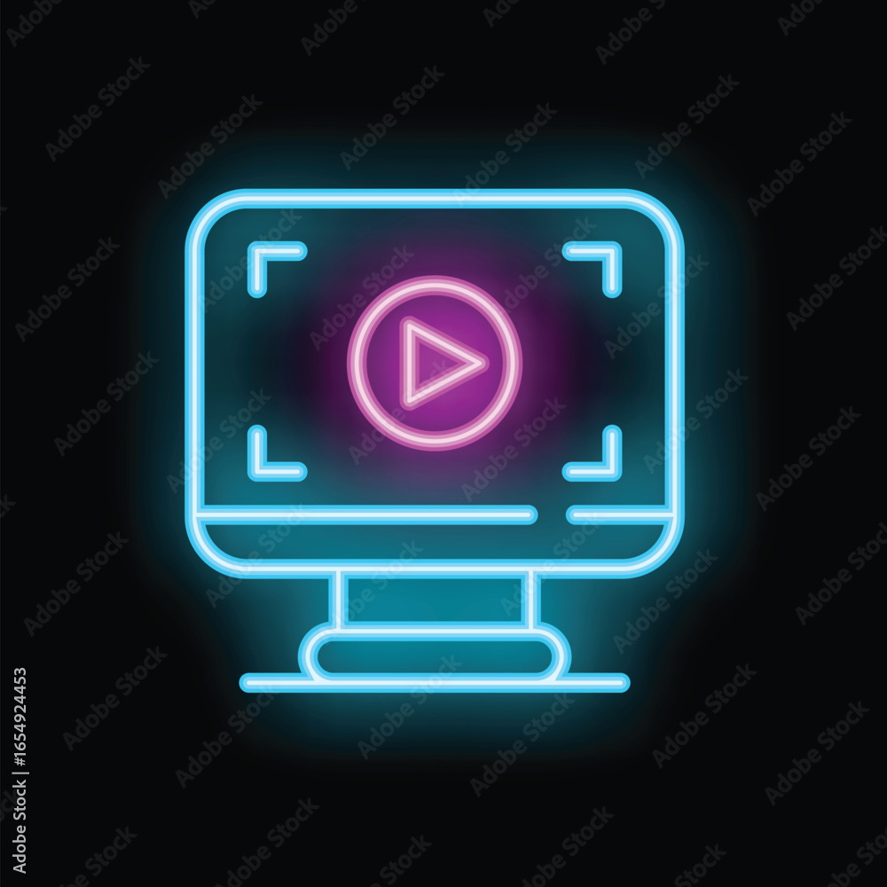 Poster neon sign representing a video player on a computer screen displaying a play button, perfect for ill