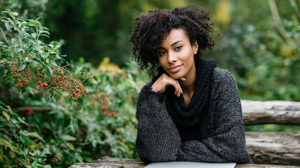 Portrait of young Black woman with natural afro curls wearing dark sweater sitting at wooden table in lush green garden with flowering plants background