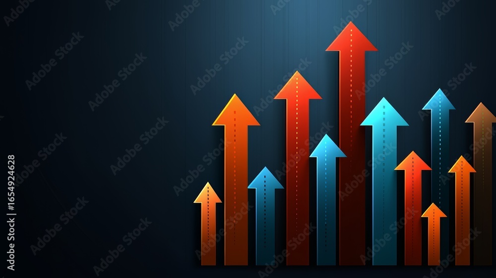 Poster series of arrows pointing upwards on a dark background. the arrows are of different colors and sizes