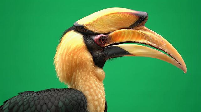 Close-up profile of a majestic Great Hornbill showcasing its distinctive yellow casque and powerful beak against a vibrant green background, highli...