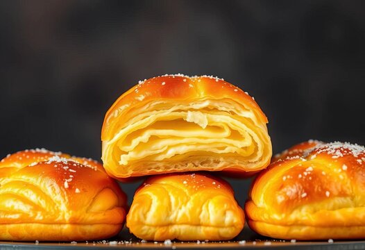 Golden brown, flaky layers of crispy, salty fan khari puff pastry,  photography,  snack