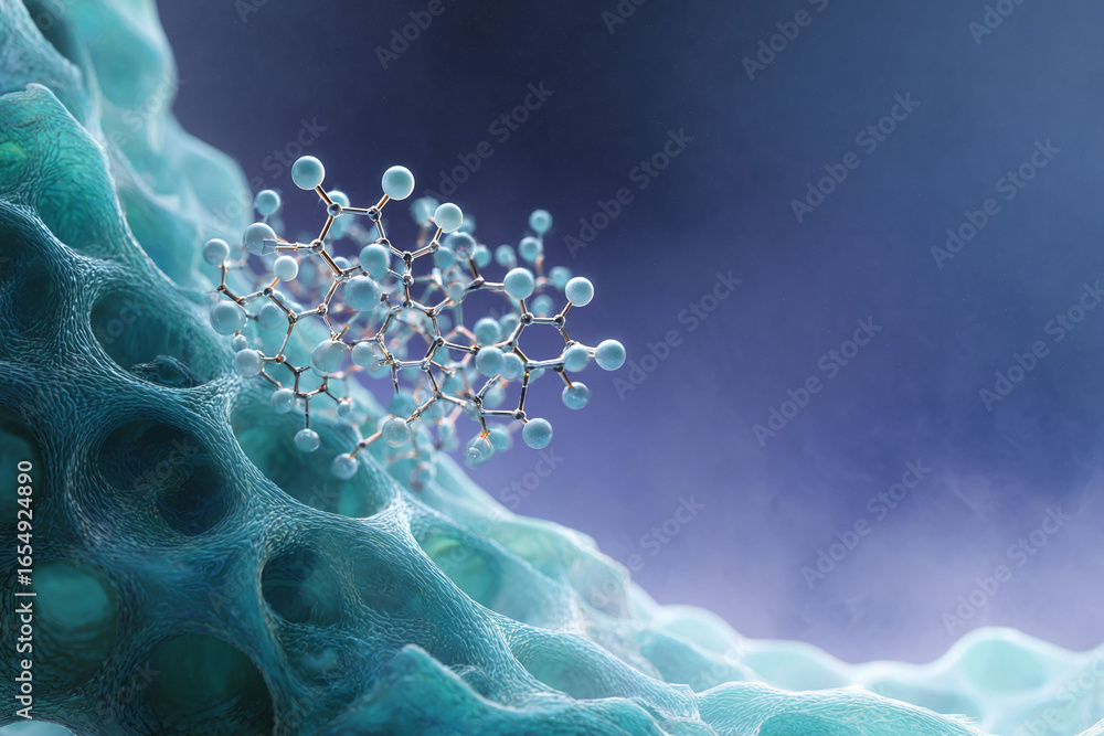 Poster abstract image of a molecule interacting with a textured surface, symbolizing science, technology, a
