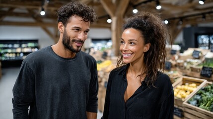 A young, smiling couple in casual clothes looking at each other while shopping for fresh vegetables in a modern supermarket. Concept of healthy eating and partnership.
